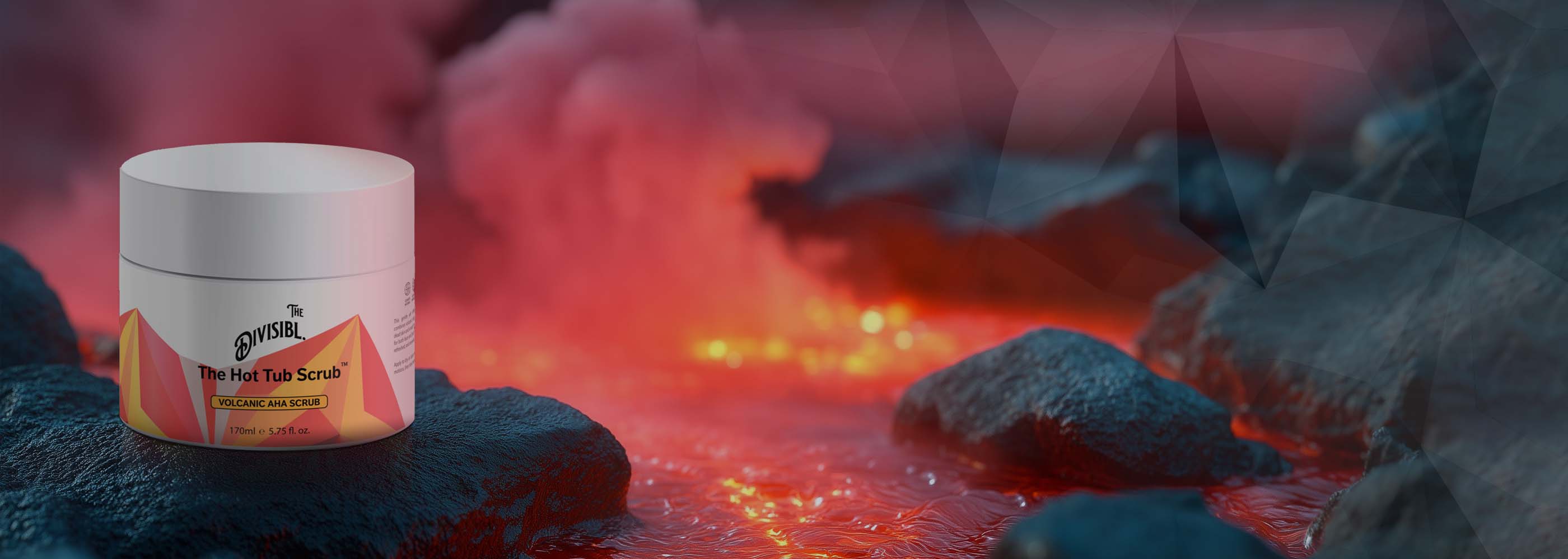 A jar of The Divisibl Hot Tub Scrub Volcanic AHA Scrub with volcanic background