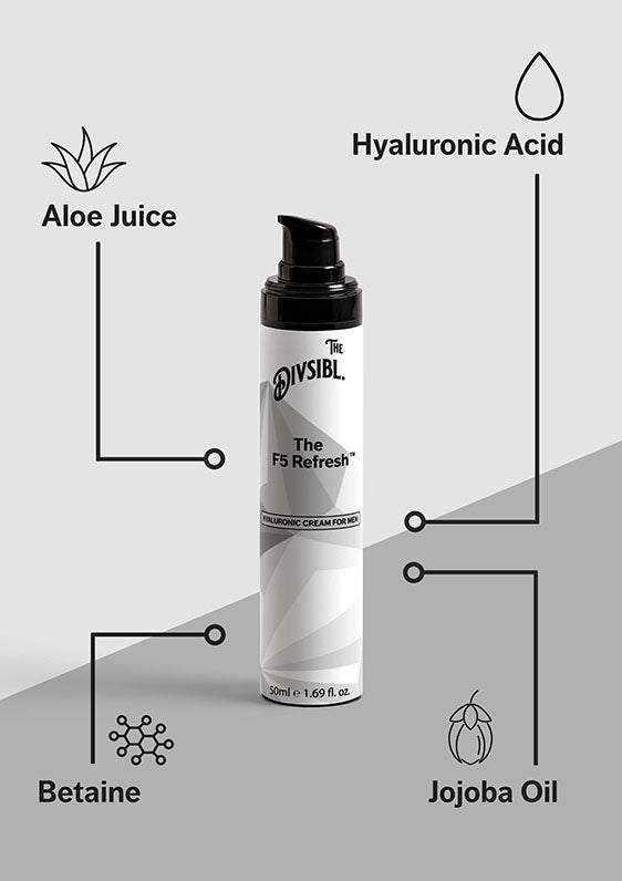 The F5 Refresh - Hyaluronic Face Cream for Men - List of key ingredients including Aloe Juice and Jojoba Oil