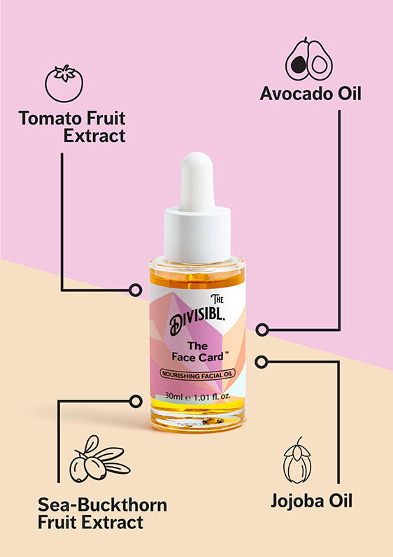 The Face Card - Nourishing Facial Oil - List of key ingredients including Avocado Oil, Sea-Buckthorn Fruit Extract and Jojoba Oil