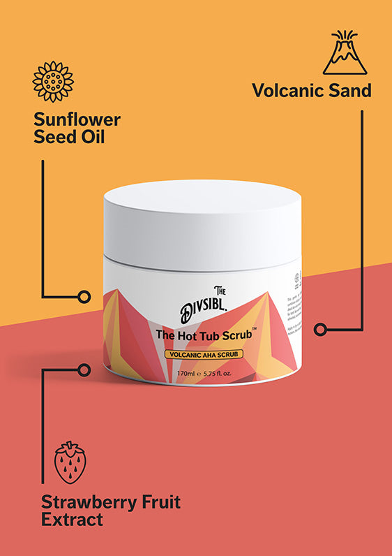 The Hot Tub Scrub - Volcanic AHA Scrub - List of key ingredients including Volcanic Sand and Strawberry Fruit Extract