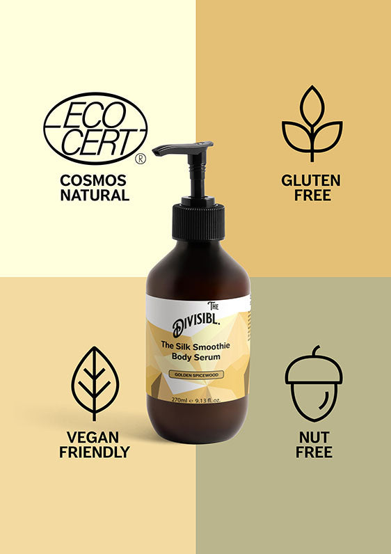 The Silk Smoothie Body Serum - Golden Spicewood - With its certifications of Nut Free, Gluten Free and Vegan Friendly
