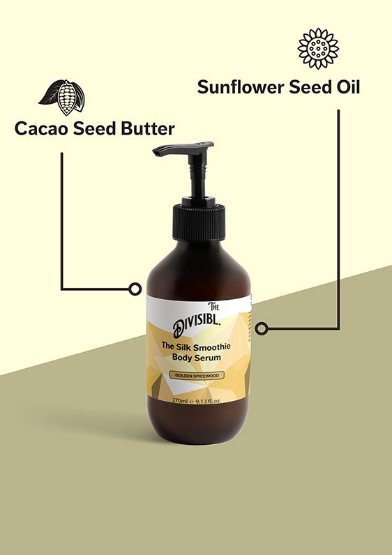 The Silk Smoothie Body Serum - Golden Spicewood - List of key ingredients including Cacao Seed Butter and Sunflower Seed Oil