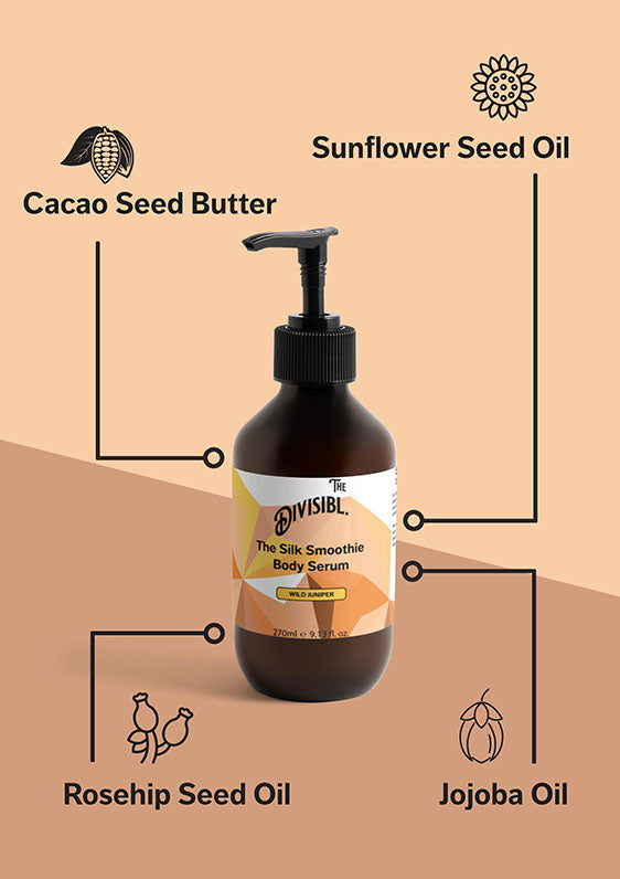 The Silk Smoothie Body Serum - Wild Juniper - List of key ingredients including Cacao Seed Butter and Jojoba Oil
