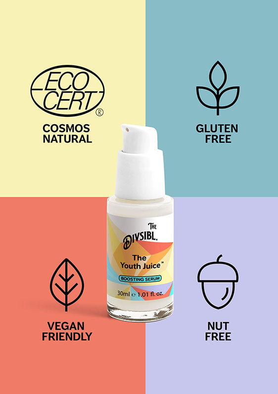 The Youth Juice - Boosting Serum - with its certifications being Nut Free, Gluten Free and Vegan Friendly