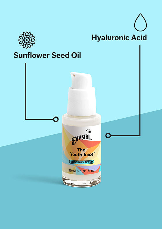 The Youth Juice - Boosting Serum - List of key ingredients including Sunflower Seed Oil and Hyaluronic Acid